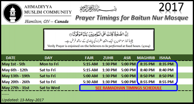Ramadan Calendar 2022 Toronto Ahmadiyya.Prayer Timings Ahmadiyya Ca Ahmadiyya Muslim Community Canada